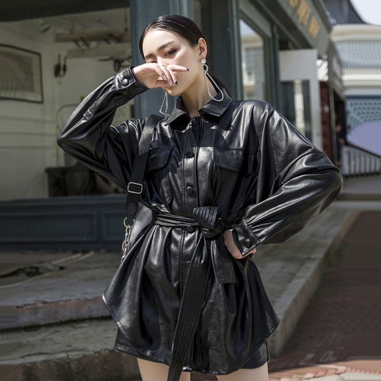 Unua amo PU Leather Sashes Jacket Women Black Punk Coat 2020 Loose Fit Elegant Fashion High Quality Faux Leather Jackets T200814