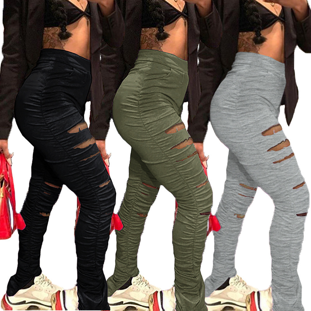 Distressed Women Flare Pants Joggers High Waist Pleated Trousers Stacked Sweatpants New Fitness Ruched Pants Hole Sport Leggings T200516