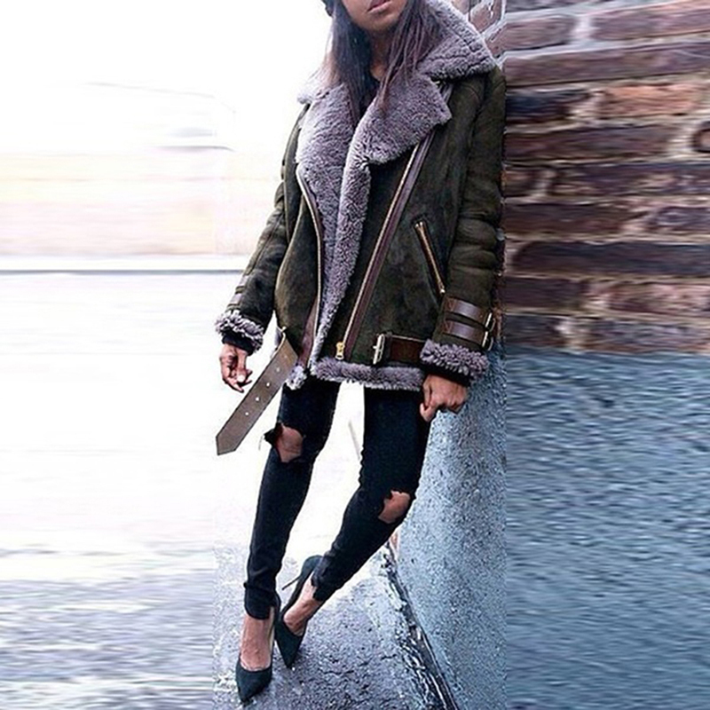 Women Lapel Suede Leather Buckle Cool Pilot Jacket Faux Lamb Wool Motorcycle Jackets large size Coat sweatshirt 201030
