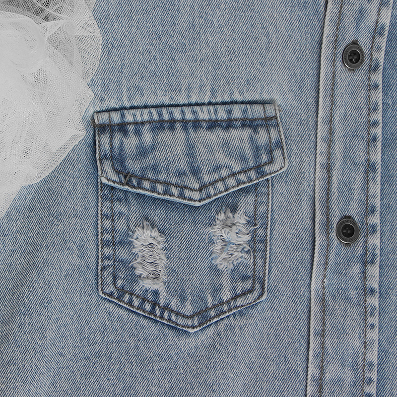 TWOTWINSTYLE Ruffles Denim Patchwork Women's Jacket Lapel Collar Puff Sleeve Summer Long Coats Female Y201006