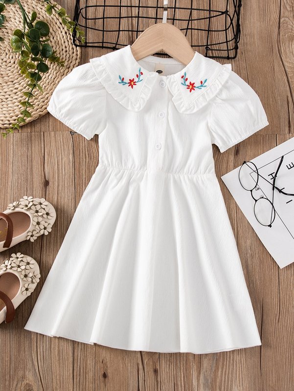 Toddler Girls Floral Embroidered Frilled Statement Collar Puff Sleeve Dress SHE