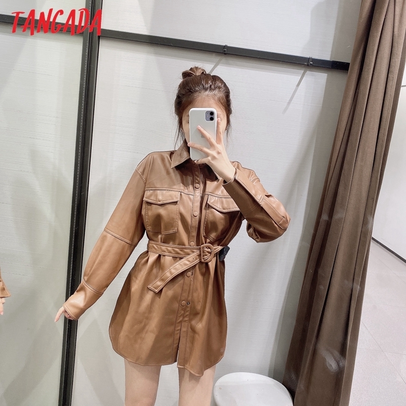 Tangada Women brown faux leather jacket coat with slash Ladies Long Sleeve loose oversize boy friend Coat 3H120 201029