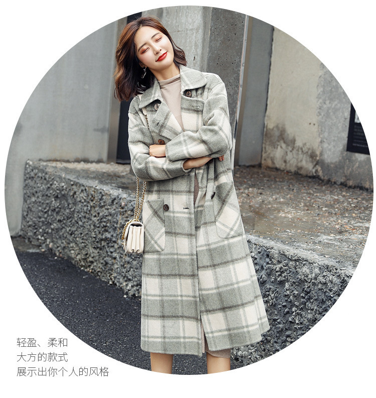 Sweet Plaid Long Coat for Women Wide-waisted Wool Coat and Jacket Turn-down Collar Pockets Women Clothes 201103