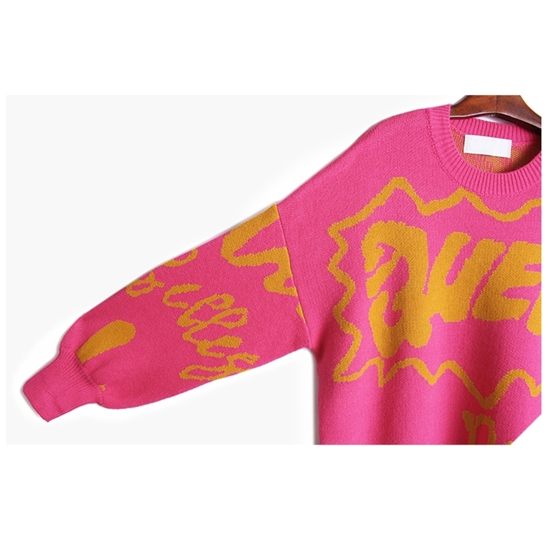 [EAM] Women Printed Big Size Long Knitting Dress New Round Neck Long Sleeve Loose Fit Fashion Tide Autumn Winter 1DA783 201030