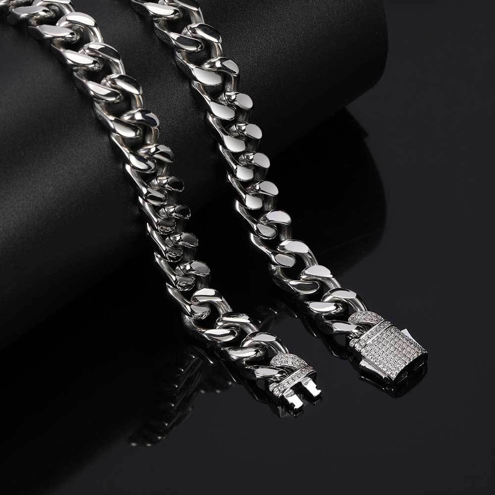 Stainless Steel Jewelry Hip Hop Necklace Micro Inlay Zircon Spring Buckle Four Sides Polished Cuban Chain Necklace