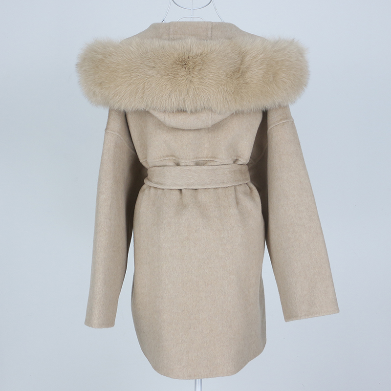 OFTBUY New Oversize Loose Cashmere Wool Blends Real Fur Coat Winter Jacket Women Natural Fox Fur Collar Hood Outerwear Belt 201222