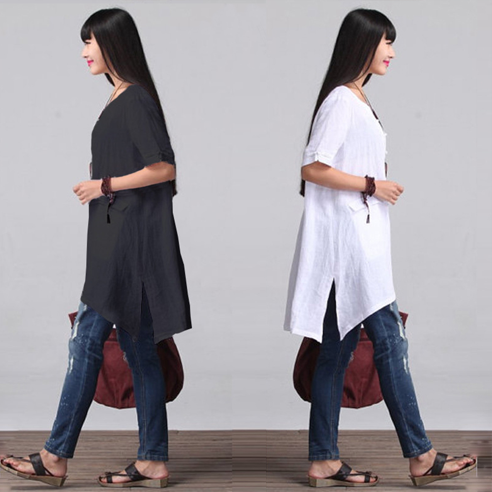 Vintage Round Neck Cotton Linen Blouse Women Plus Size Loose Short Sleeve Long Blouses Top Female Irregular Hem Shirt Blouse 5xl Y200930