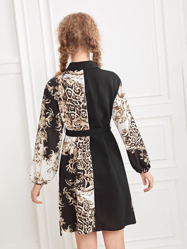 Teen Girls Self Belted Leopard and Baroque Print Shirt Dress SHE