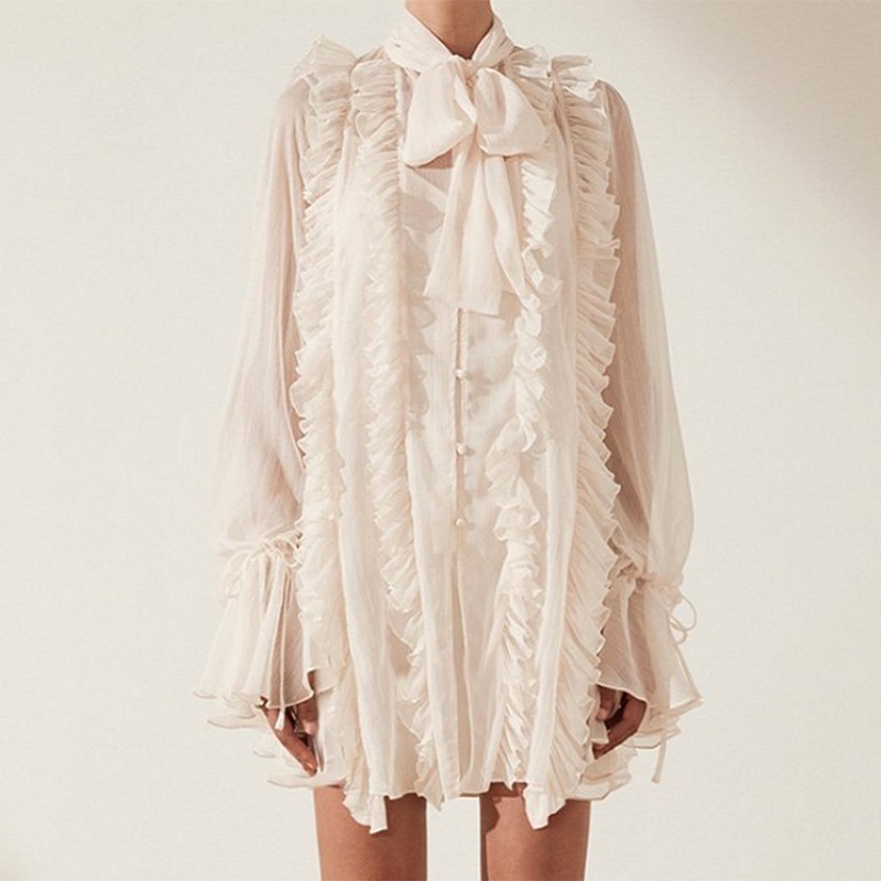 TWOTWINSTYLE Ruffles Dress Women Bowknot Lace Up Flare Long Sleeve Loose Dresses Female Korean Style Spring Fashion New T200113