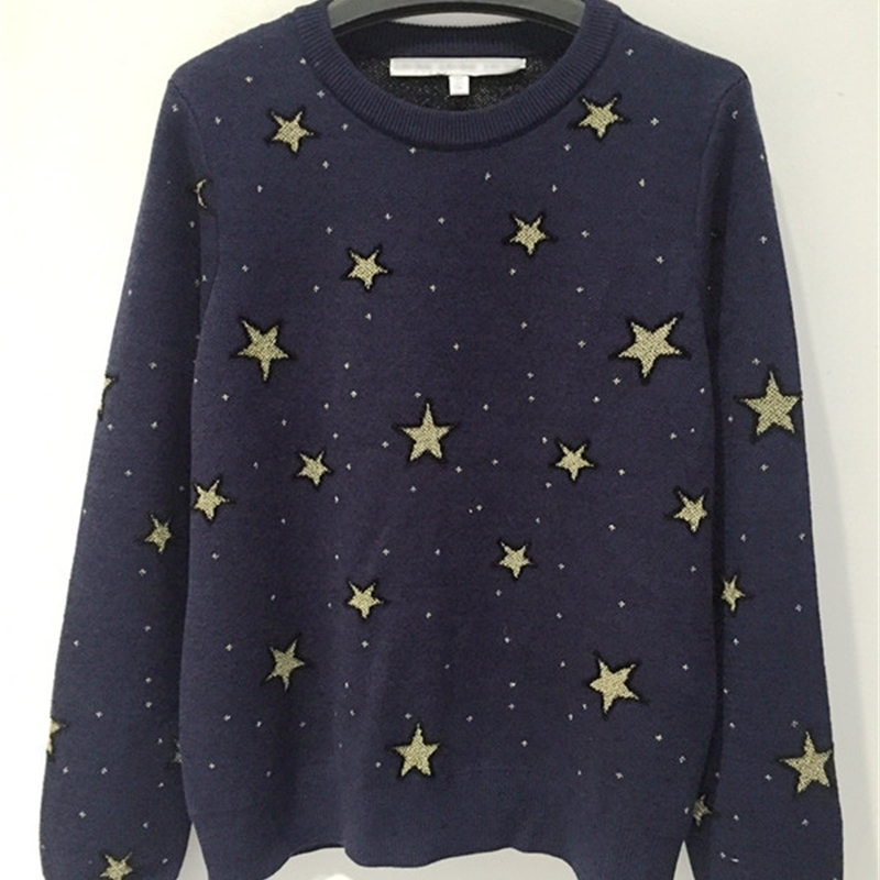 Qooth Fashion Pullovers Sweater Women Stars Embroidery Women Woolen blends Full Sleeve Knitwear Jumper Female QH1903 201201