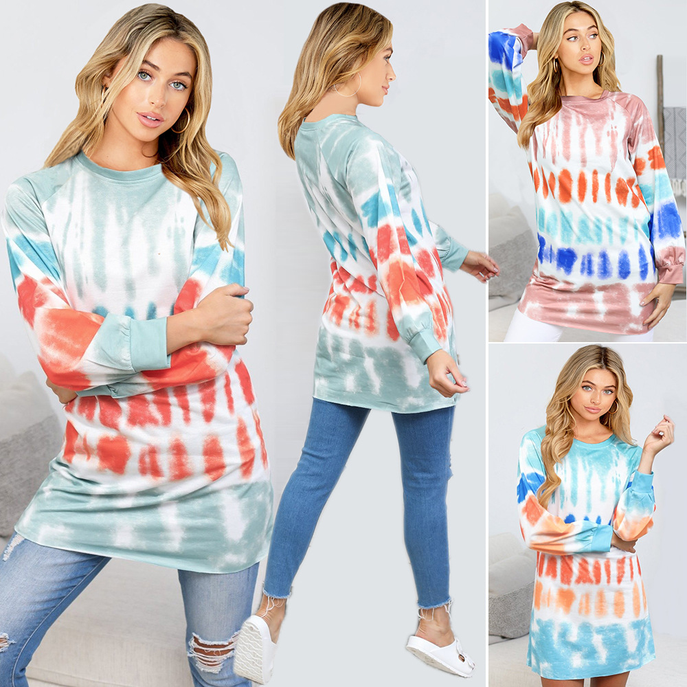 2021 autumn and winter tie-dye printed sweater European and American style contrast long-sleeved round neck T-shirt
