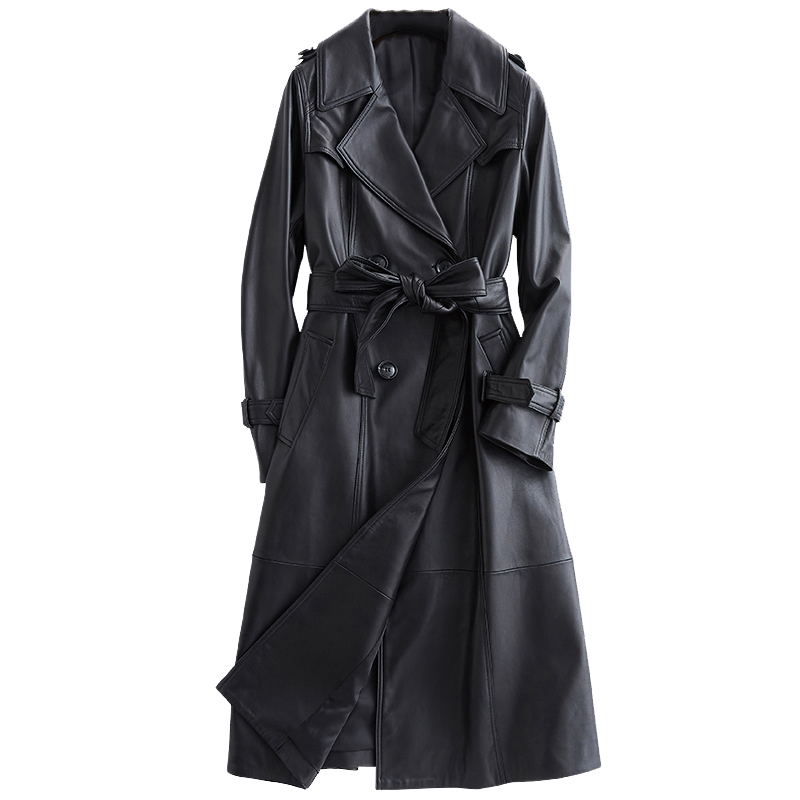 Lautaro Long black leather trench coat for women long sleeve belt lapel Women fashion spring plus size outerwear 7xl 210201