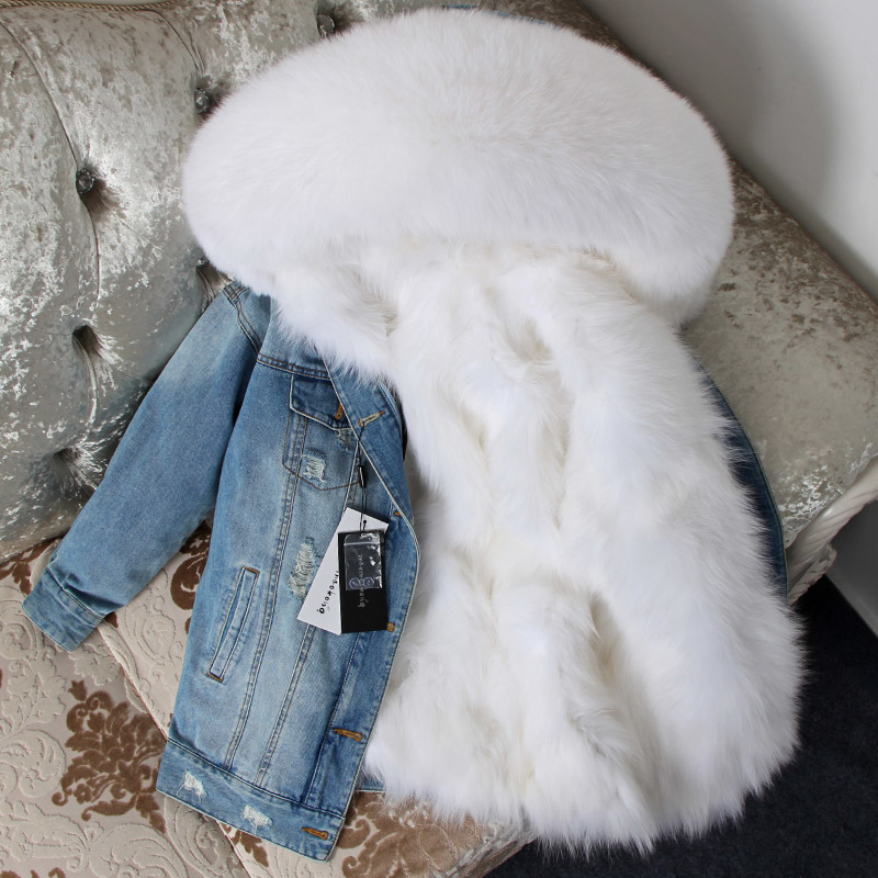 Maomaokong denim jacket natural fox fur lined jacket coat 201103