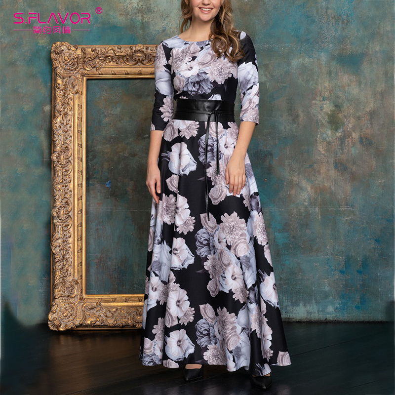 S.FLAVOR Women Elegant O Neck Long Dress Vintage Floral Printing Winter Fashion Casual Maxi Dress NO BELT Boho Party Vestidos De 201029