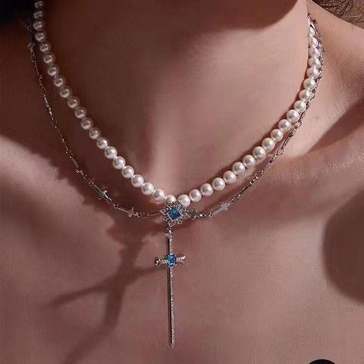 Pendant Necklaces Cross Design Necklace High Sense Light Luxury Pearl Chain Neck Clavicle Temperament Earrings Women, Silver
Pendant Necklaces Cross Design Necklace High Sense Light Luxury Pearl Chain Neck Clavicle Temperament Earrings Women, Silver