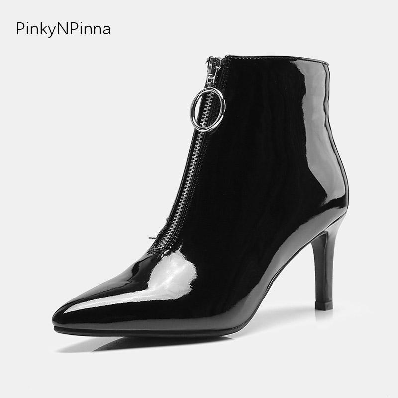 women ankle motorcycle boots patent leather stiletto pointed toe front zipper flock solid suede high top booties modern outdoor1, Black patent leather
women ankle motorcycle boots patent leather stiletto pointed toe front zipper flock solid suede high top booties modern outdoor1, Black patent leather