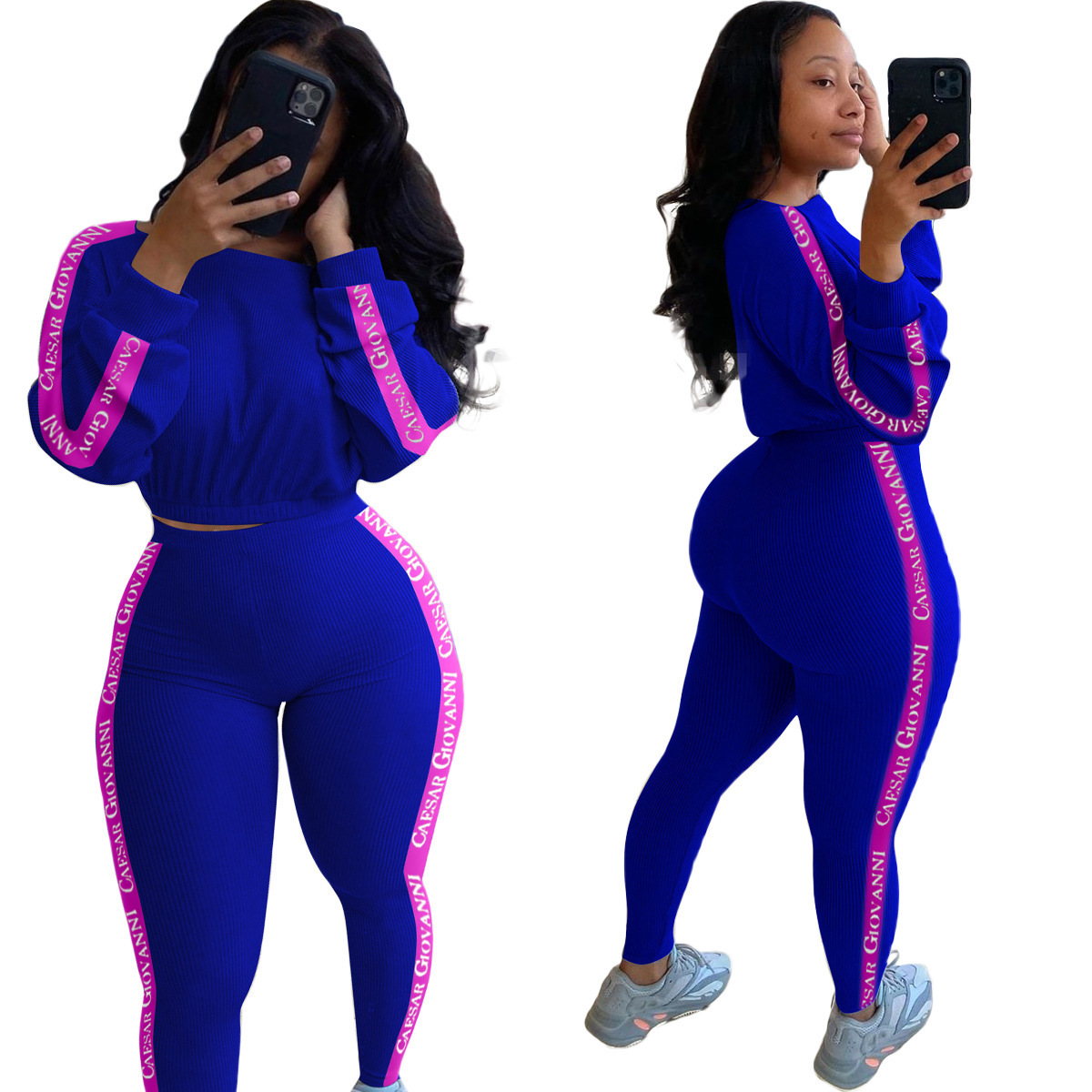 Women Clothes Tracksuits Two Pieces Set Letters Printed High Waist Long Sleeve Top Trousers With Webbing On The Sides Casual Suits Sportwear