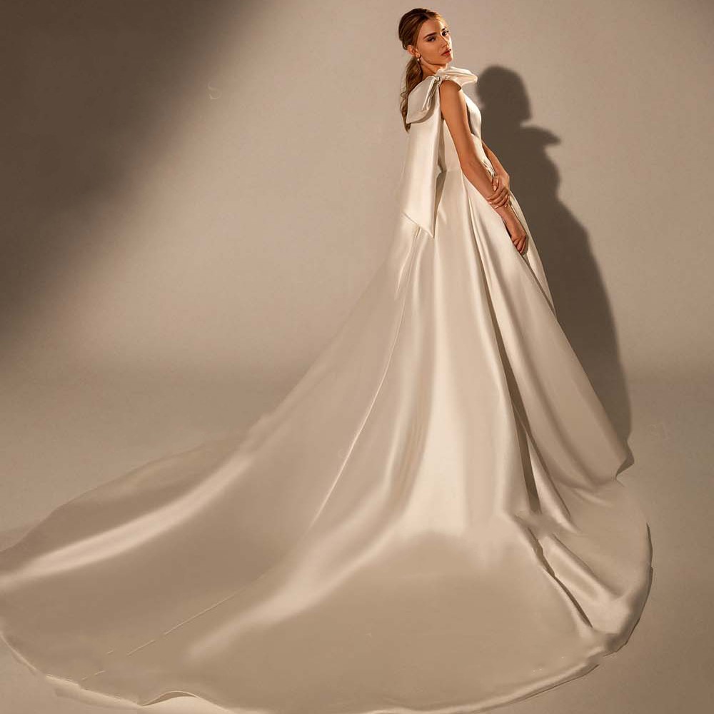 Elegant Bow Satin Wedding Dress 2022 New Fashion One Shoulder A-Line Train Bride Gown Princess Vestido De Novia Mariage