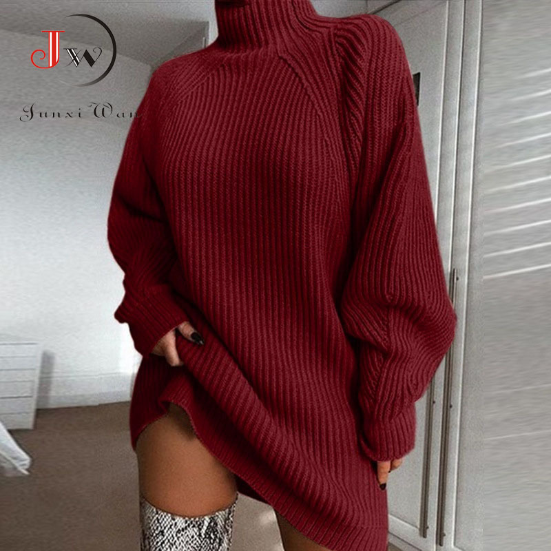 Women Turtleneck Oversized Knitted Dress Autumn Solid Long Sleeve Casual Elegant Mini Sweater Dress Plus Size Winter Clothes 201110