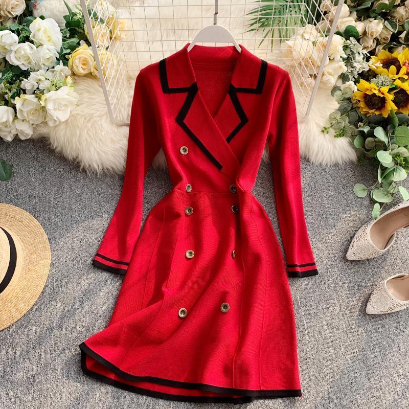 ALPHALMODA Retro Autumn Dress New Lapel Collar Longsleeved Dress Doublerow Buttondown Slim OL Casual Knit Dress T200416