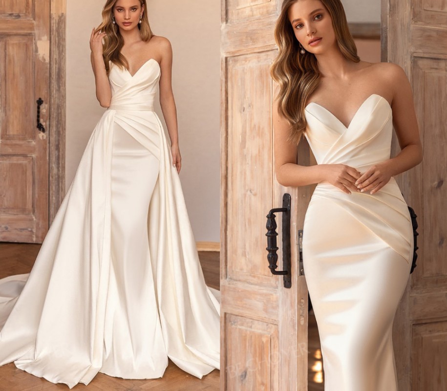 Elegant 2 In 1 Detachable Train Wedding Dress 2022 Satin Sleeveless Simple Mermaid Princess Bride Gowns Ivory Vestido de Noiva