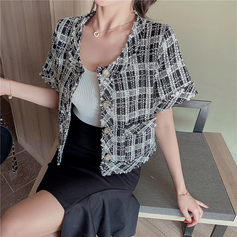 Summer clothes Thin Tweed Jackets Women Summer Short Sleeve Cropped Jacket Streetwear Fashion Wide-waisted Single Breasted 201026