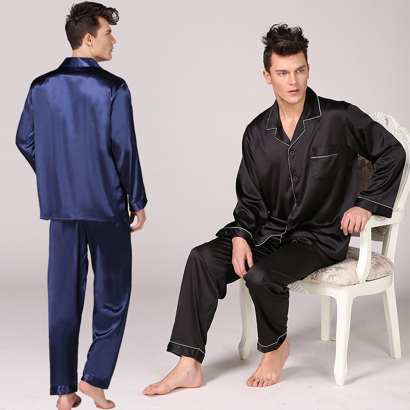 Plus Size Men's Silk Pajama Black Red Blue Stain Silk Sexy Sleepwear Modern Style Homewear Set Soft Bath Sleep Pyjama 2 Pcs/set 201109