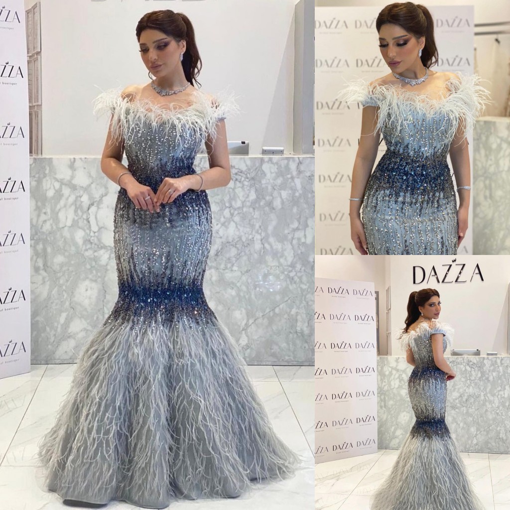 Mermaid Elegant Beaded Evening Dresses Off The Shoulder Neck Sequined Feather Prom Gowns Or Length Formal Dress