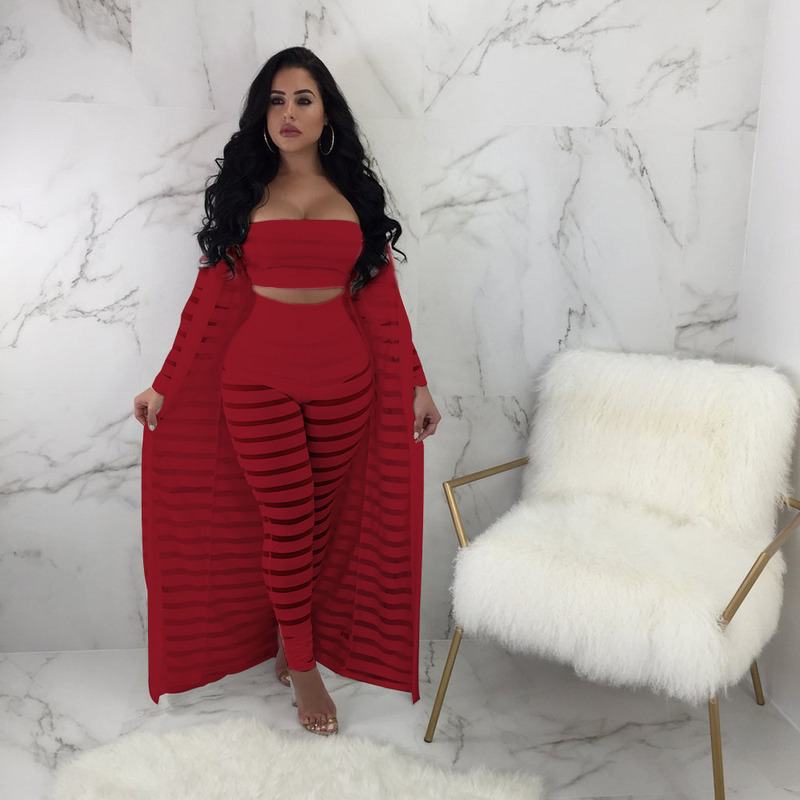 Perspective Sexy 3 Piece Set Women Cardigan Long Cloak Coat + Crop Tops + Pants Set Summer Outfits Three Piece Stripe Tracksuit T200603
