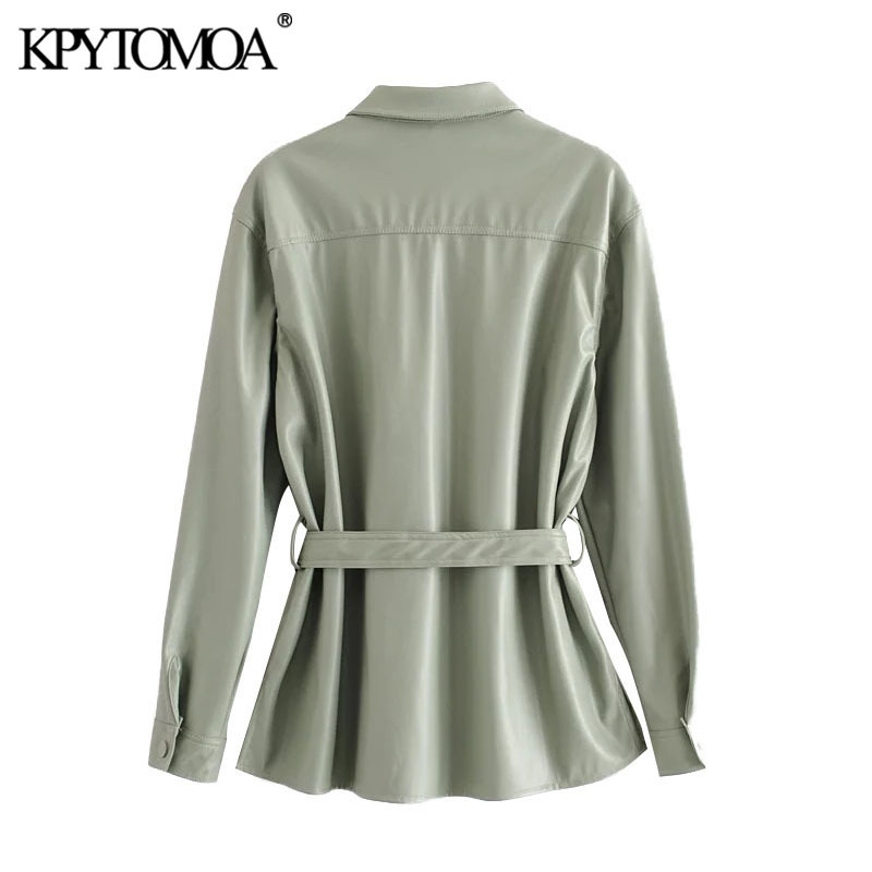 KPYTOMOA Women 2020 Street Fashion PU Faux Leather With Belt Jacket Coat Vintage Long Sleeve Pockets Female Outerwear Chic Tops LJ201127