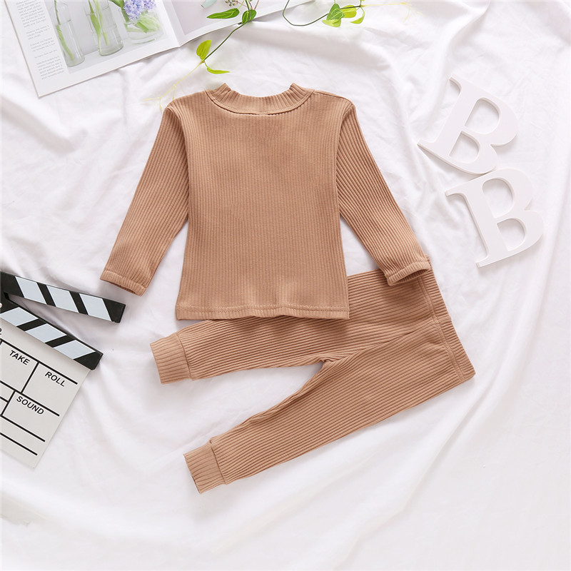 Baby Girl Boy Rib Knitted Clothing Set Long Sleeve Top with Pocket + Pants 6M-4Y Kids Autumn Casual Solid Cotton LoungewearX1019