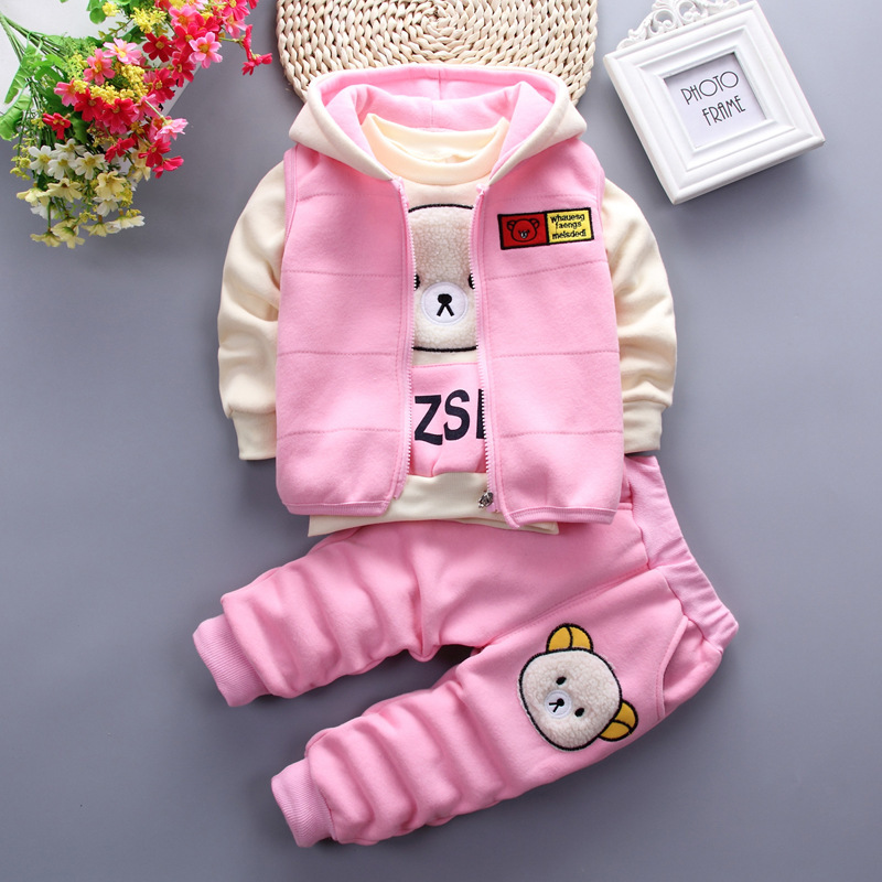 Bear Leader Girls Kids Winter Cartoon Warm Suits 3PCS Zipper Vest with Hat and Cat Pattern Sweat and Striped Pants Girls OutfitsX1019