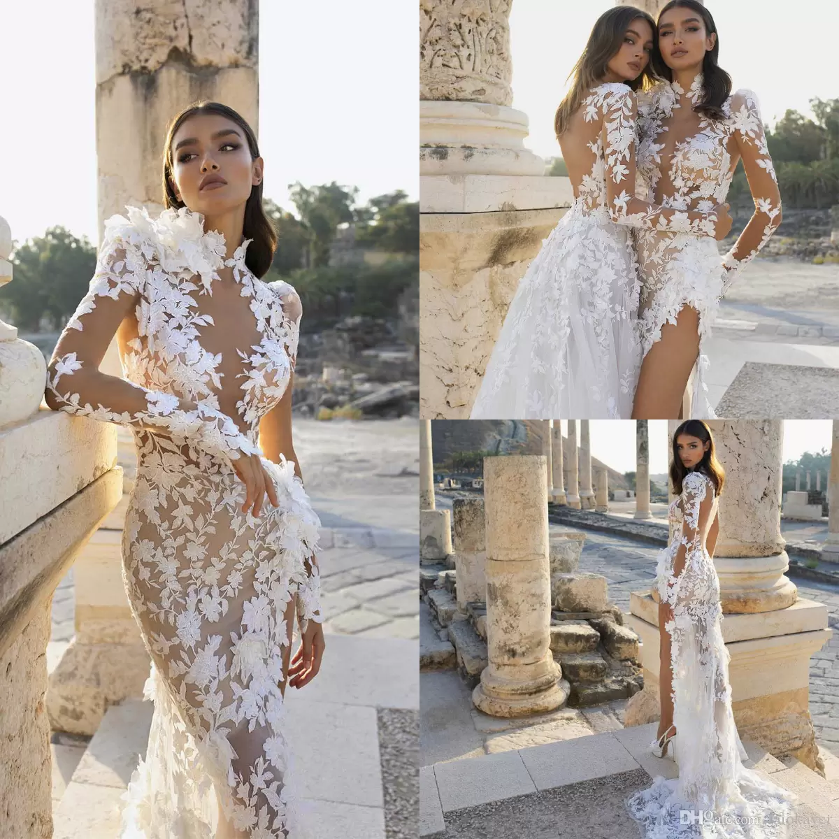 High Side Split Wedding Dresses Long Sleeve Lace 3D Floral Appliqued High Collar Mermaid Bridal Gowns Custom Made Beach vestidos de novia EE