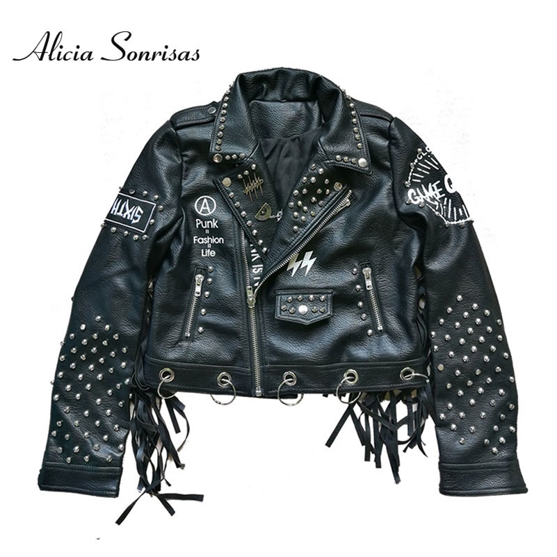 Women Black Leather Tassel Jacket 2020 Streetwear Rivets Punk Jackets Woman Streetwear Graffiti Printed Fringed Biker Coat LJ201012
