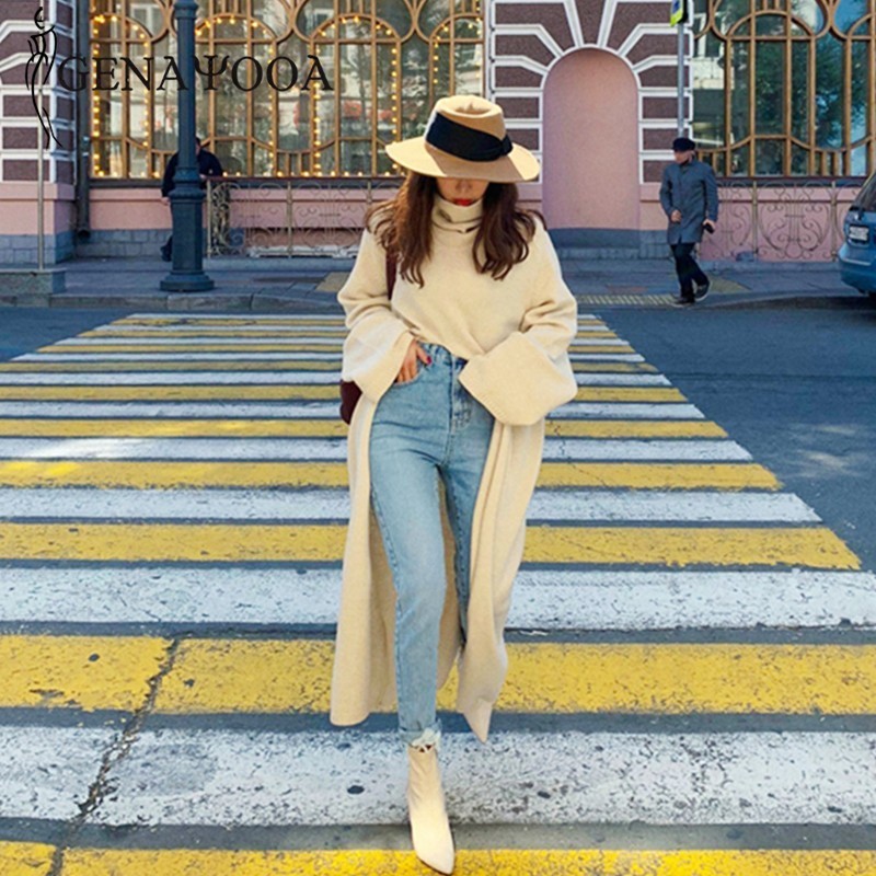 Genayooa Womens Turtleneck Pullover Sweater Long Sleeve Vintage Loose Knit Sweater Split Solid Long Jumper Ladies Korean Style 201030wtt