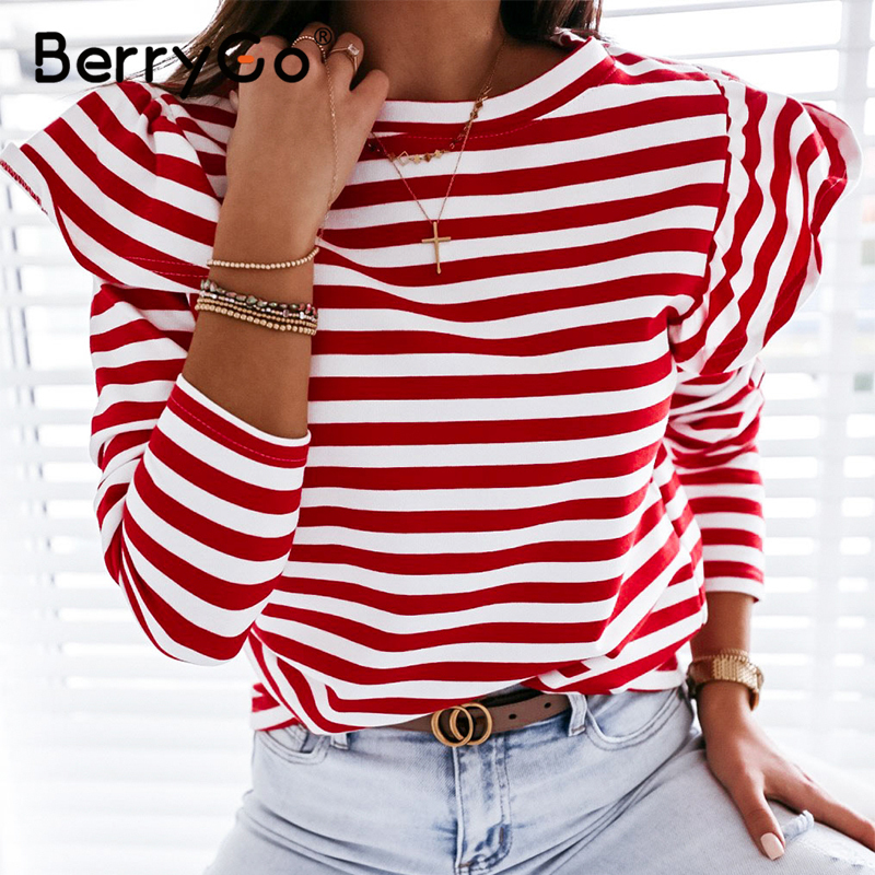 BerryGo Causal Long Sleeve Red White Striped Tops For Female Autumn Winter Ruffled Base Shirt Streetwear O-neck Women Tops 201028
