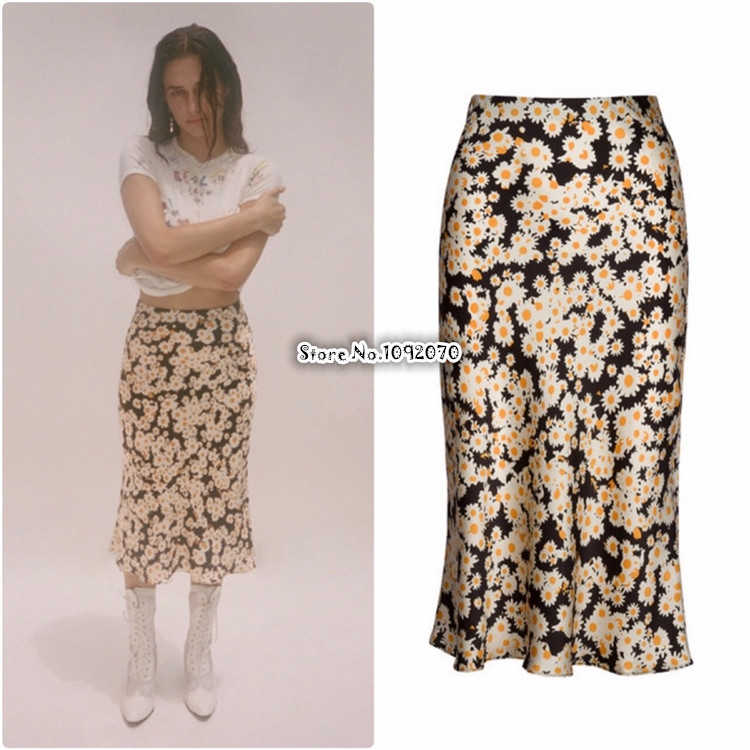 Women Elasticized Waist Band 34 length 100% Silk Satin The Naomi Flower Power The Naomi Slip Skirt T200113