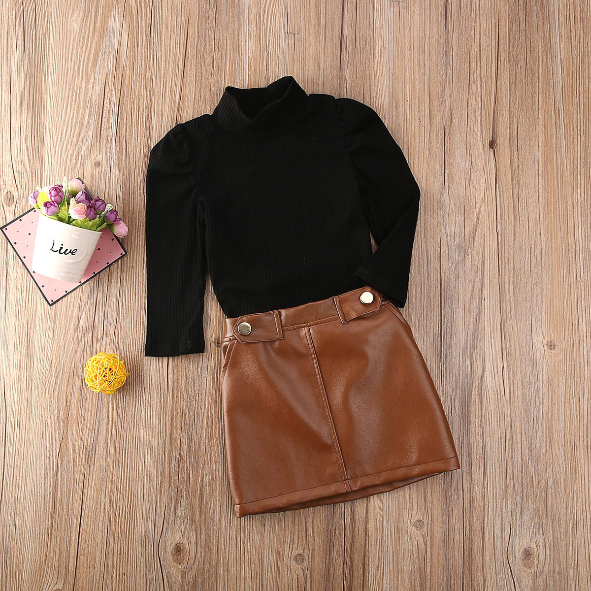 2021 Newest Hot Toddler Baby Girls Kids Turtleneck Long Puff Sleeve Sweater Tops + Leather Pencil Skirt 2PCS Outfit Clothes Set 201031