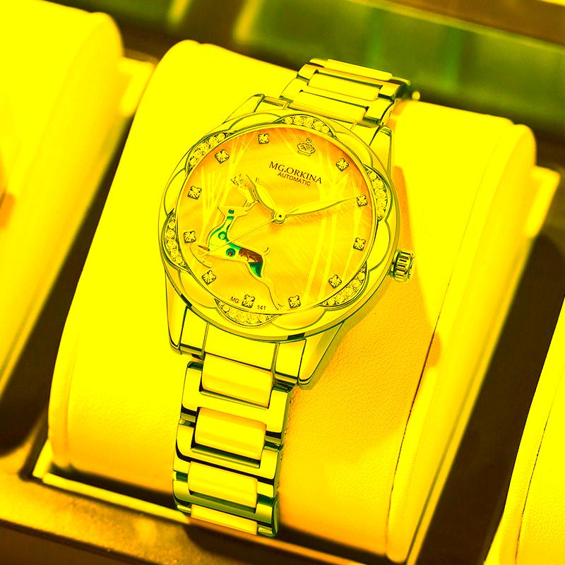 Wristwatches Ladies Fashion Pink Wrist Watch Women Watches Luxury Top Brand Automatic Mechanical Female Clock Relogio Feminino Montre Femme, Mg082-1with box
