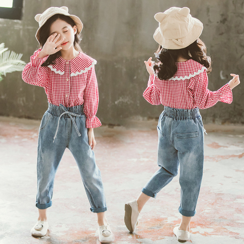 Baby girl clothes set in spring, big kids children's lace plaid shirt jeans set cotton girl clothes girl clothes 2pcs autumnX1019