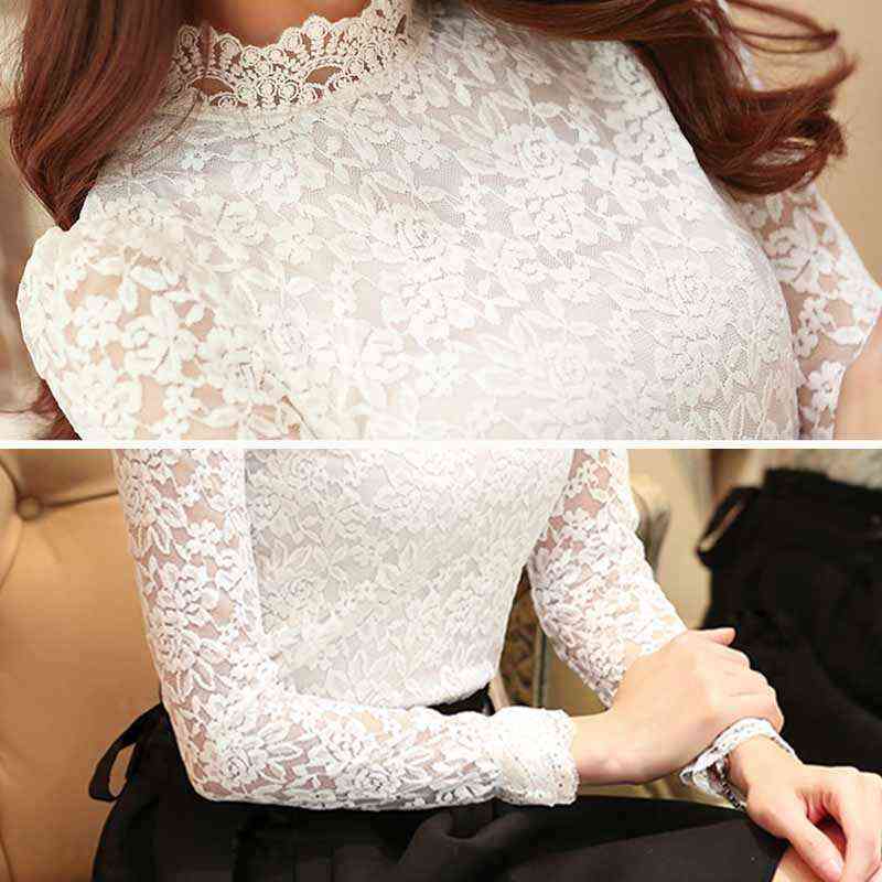 Fashion Plus Size Lace Crocheted Hollow Out Top Stand-up Collar White Blouse Woman Sweet Long Sleeve Shirts Blusas 1695 220125