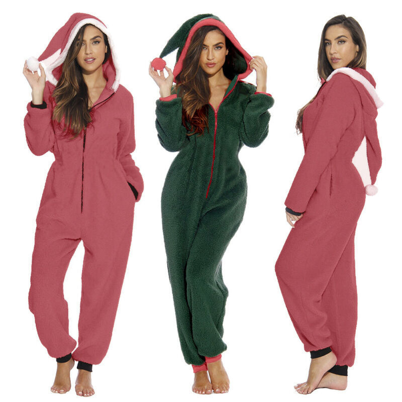 Women Fleece Jumpsuits Christmas Pajamas Santa Sleepwear Xmas Long Sleeve Zipper Hooded Rompers Fall Winter Warm Jumpsuits 201007
