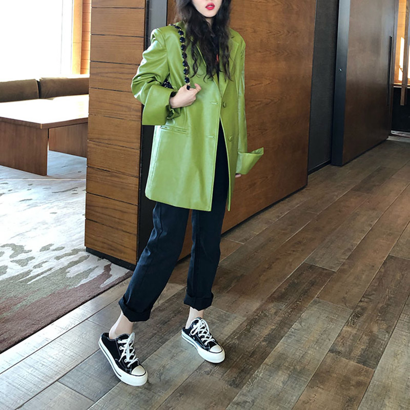 Korean Loose Fit Solid Color Pu Leather Jacket Lapel Long Sleeve Women Coat Fashion Spring leather coat PY137 201020
