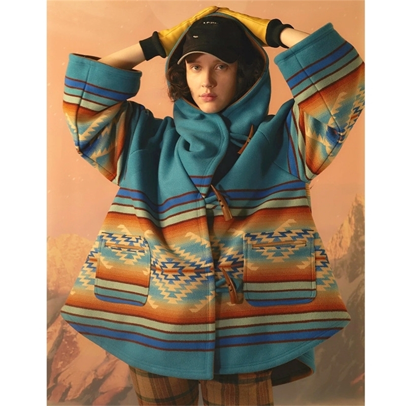 AYUALIN long sleeve cloak Cape Women Coats Hippie Boho Ethnic Hooded Autumn Winter Thick Warm Outerwear Female Jacket coat 201210