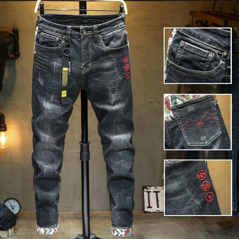 863 men's elastic jeans with embroidered holes, Black
863 men's elastic jeans with embroidered holes, Black