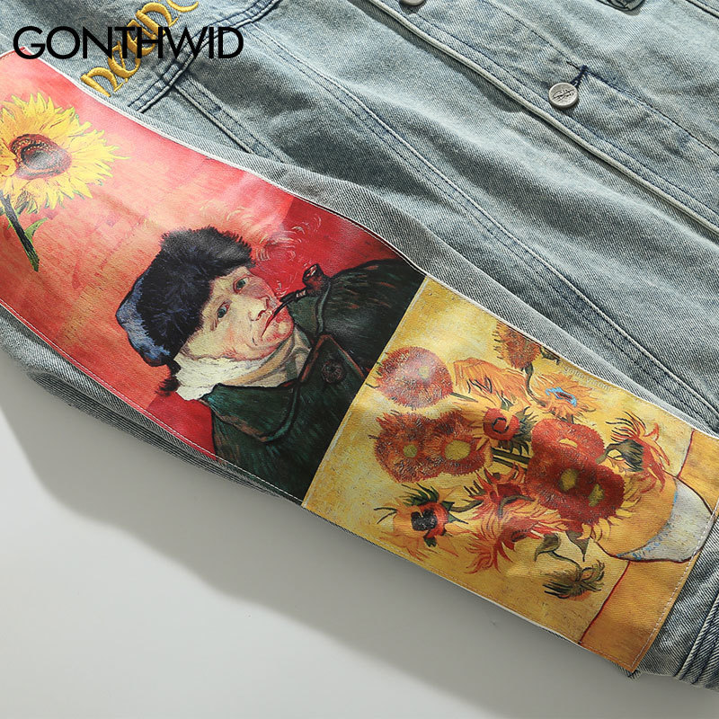 GONTHWID Van Gogh Painting Patchwork Embroidery Denim Jackets Hip Hop Casual Loose Jean Jackets Streetwear Fashion Outwear Coats 201118