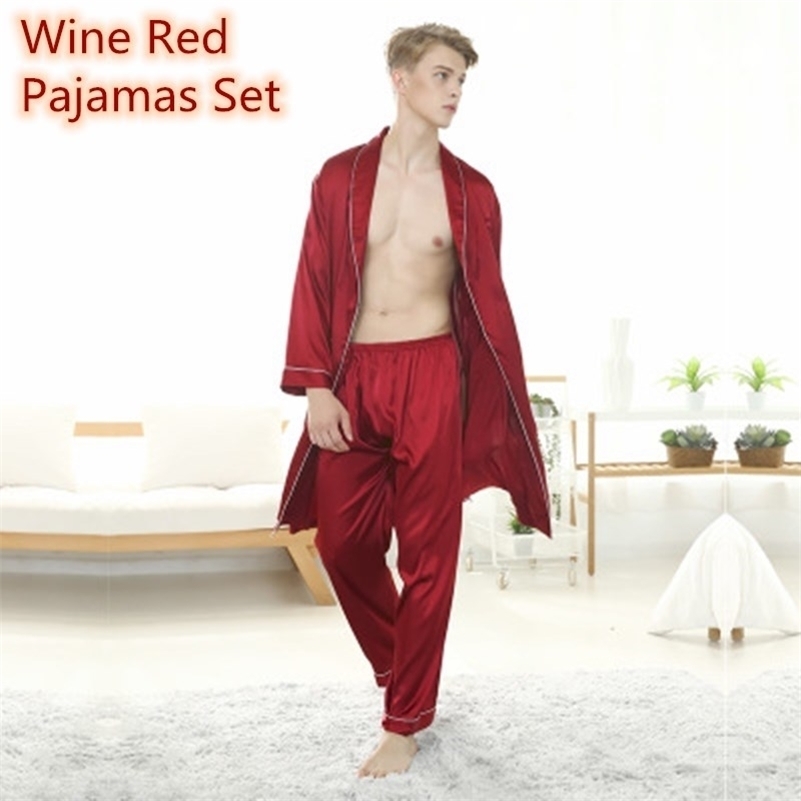 Men's Pajamas Silk Satin Pajamas Set Nightgown Top Long Pants Navy Gray Wine Red Pajamas Home Clothing Sleepwear for men 201109, Black;brown
Men's Pajamas Silk Satin Pajamas Set Nightgown Top Long Pants Navy Gray Wine Red Pajamas Home Clothing Sleepwear for men 201109, Black;brown