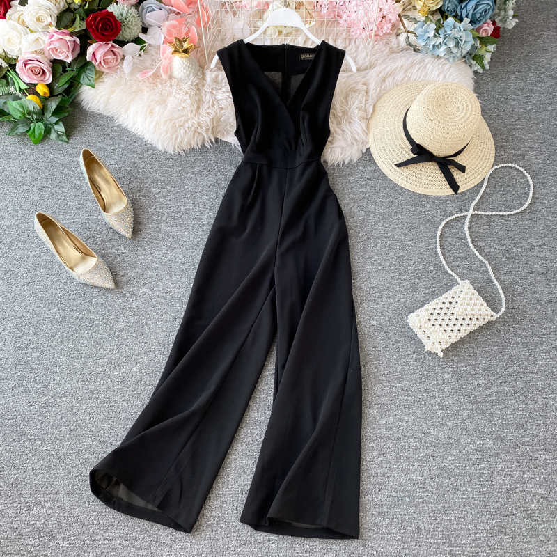 Amolapha Elegant Women V Neck Wide Leg Jumpsuits Sleeveless Woman Casual Solid Romper Clothing T200509