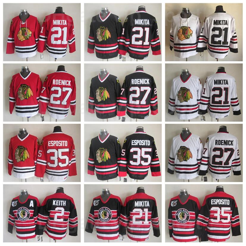 

Retro Chicago Blackhawks Hockey Vintage Classic 21 Stan Mikita Jersey 27 Jeremy Roenick 2 Duncan Keith 35 Tony Esposito Black Red White Team Away CCM 75 Anniversary, 2 black