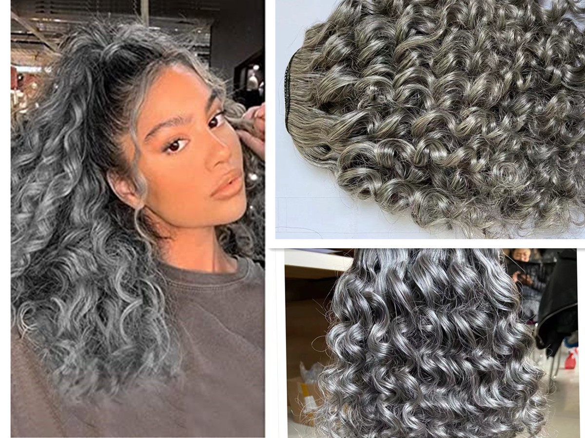 Salt and pepper silver grey human ponytail hairpiece women hairs toupee gray wavy hair extension with drawstring combs wraps around 120g140g